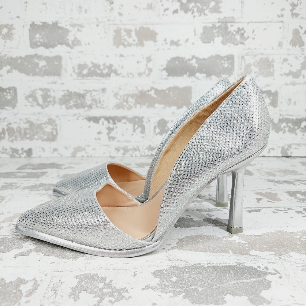New MIA Ciana Silver Slip On Pointy Toe Heel  Rhinestone D'Orsay Pumps W392